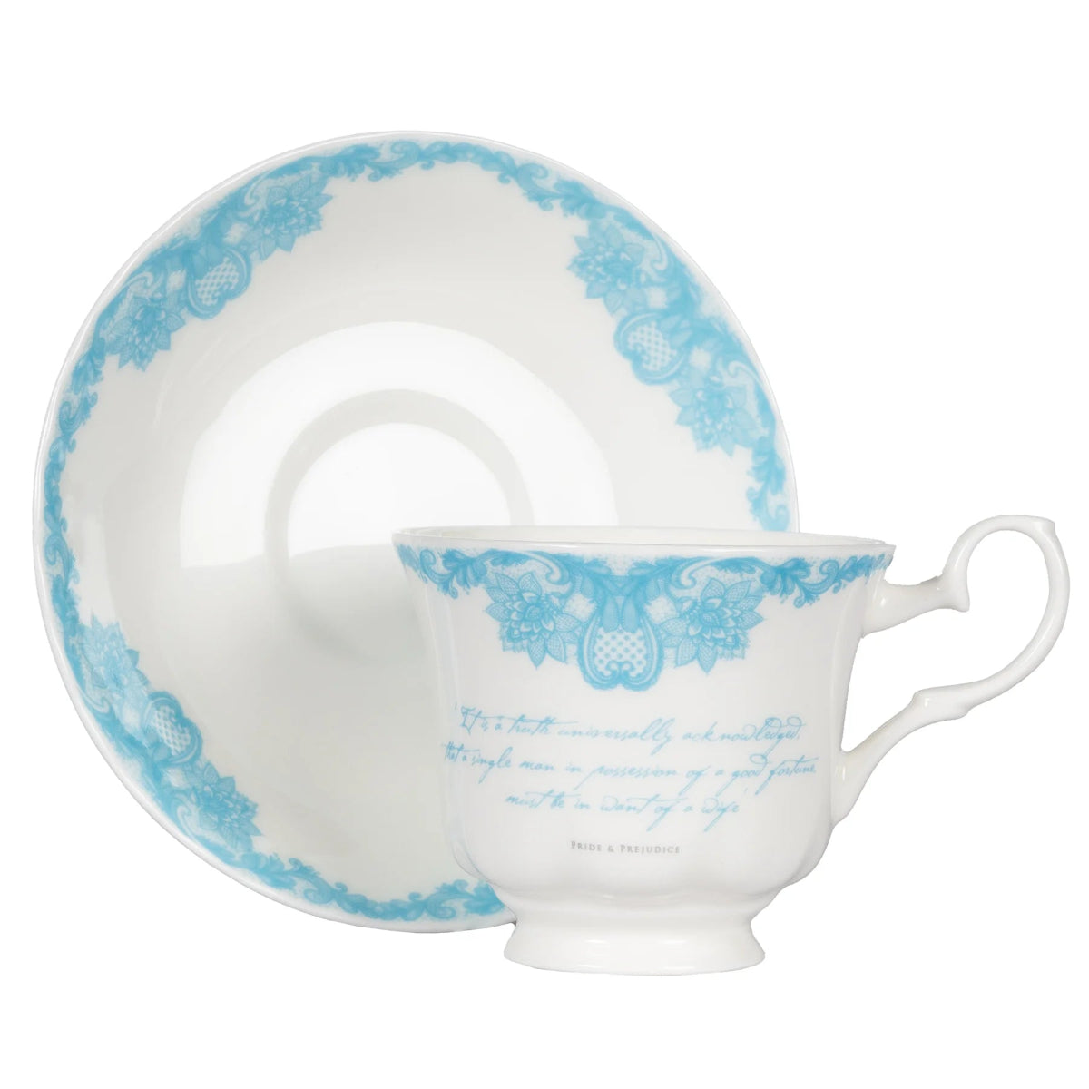 White and blue bone china pride and prejudice teacup and saucer against a white background with quote