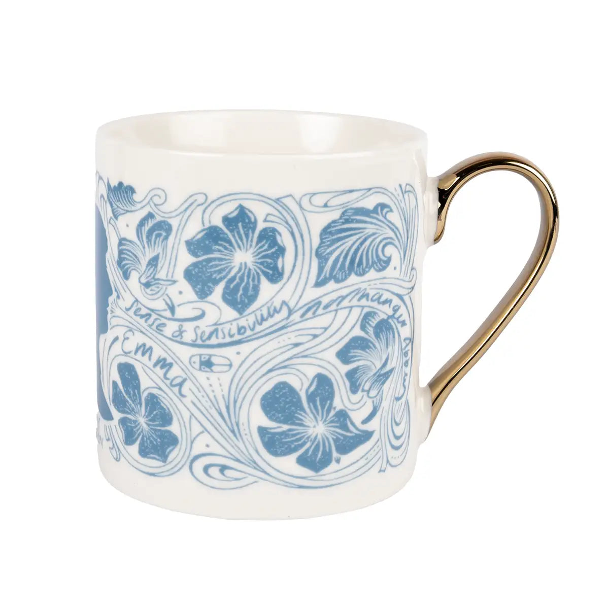 Cream mug decorated in swirling blue flower illustrations and the names of Jane Austen's novels. Gold handle.