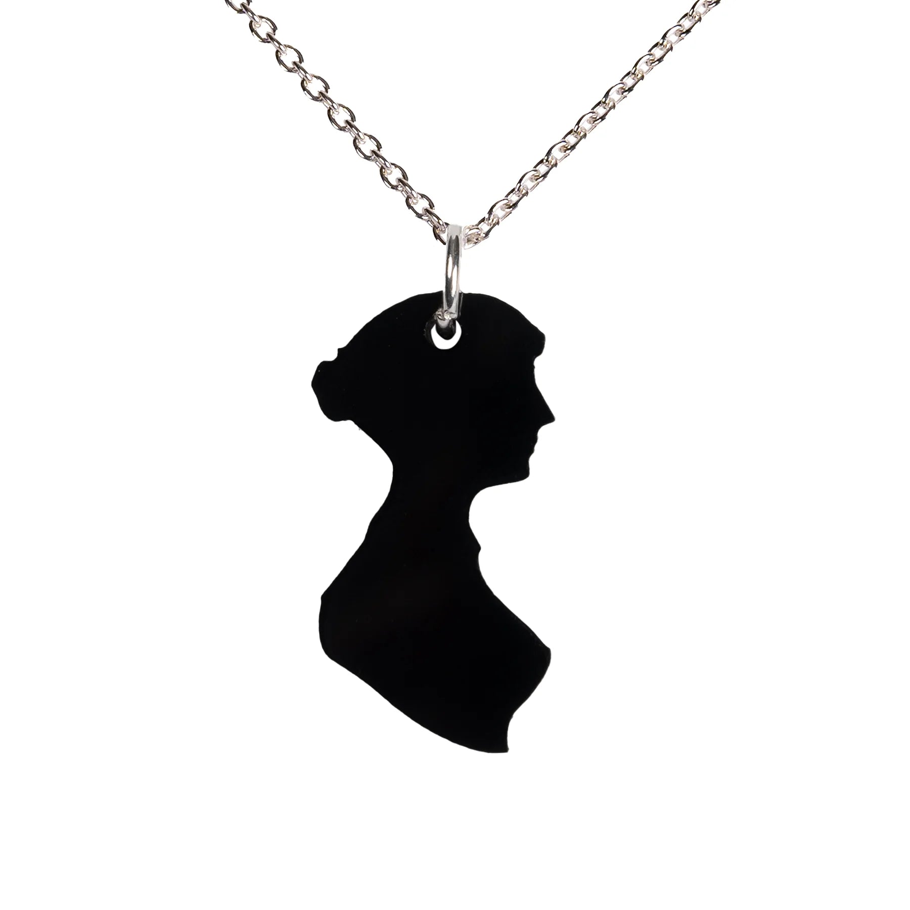 Black acrylic necklace on silver chain in the shape of Jane Austen's silhouette