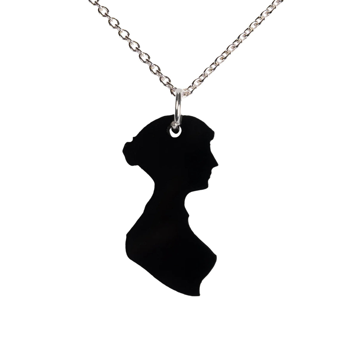 Black acrylic necklace on silver chain in the shape of Jane Austen's silhouette
