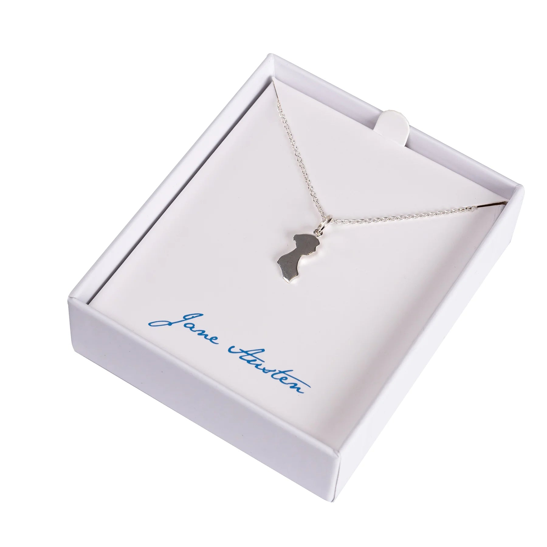 Jane Austen Silver Silhouette Pendant Necklace on silver chain in white ewellery box