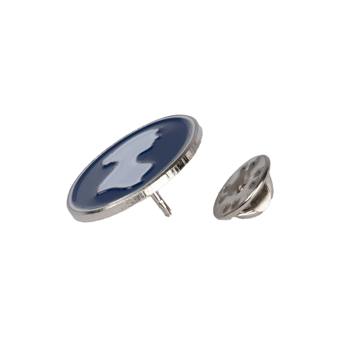 edge shot of Jane Austen silhouette pin badge against a white background, showing pin and fastener