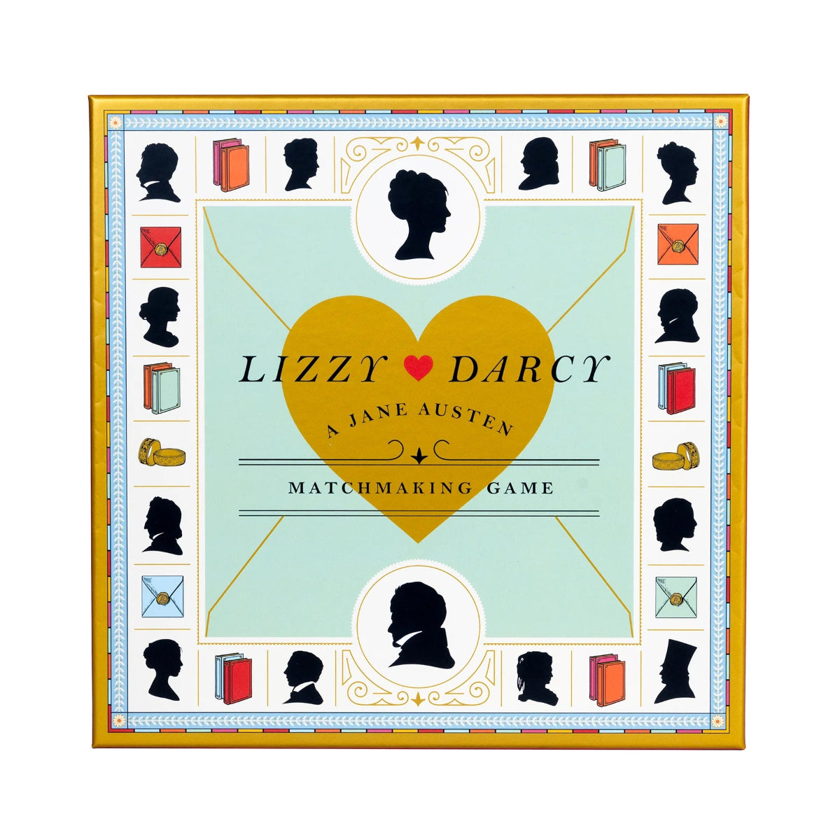 Illustrated game board for 'Lizzy Loves Darcy: A Jane Austen Matchmaking Game' with various icons and text, predominantly featuring yellow, blue, and red colors.