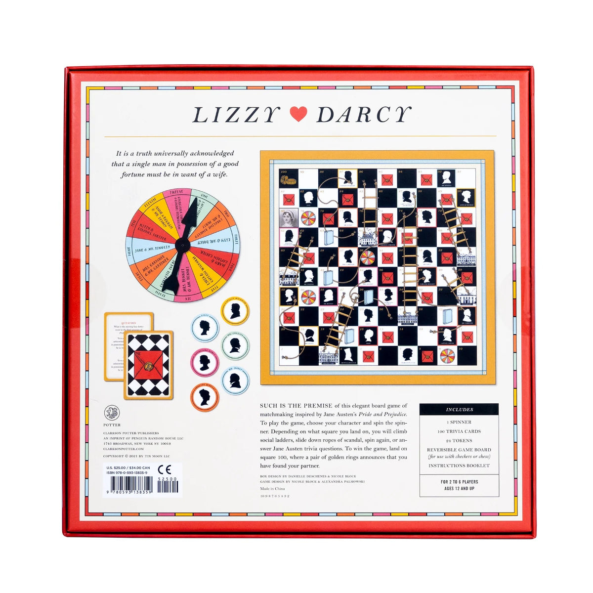 Back of the box for the game Lizzy Loves Darcy, giving an illustration of game pieces and a brief overview of the gameplay.