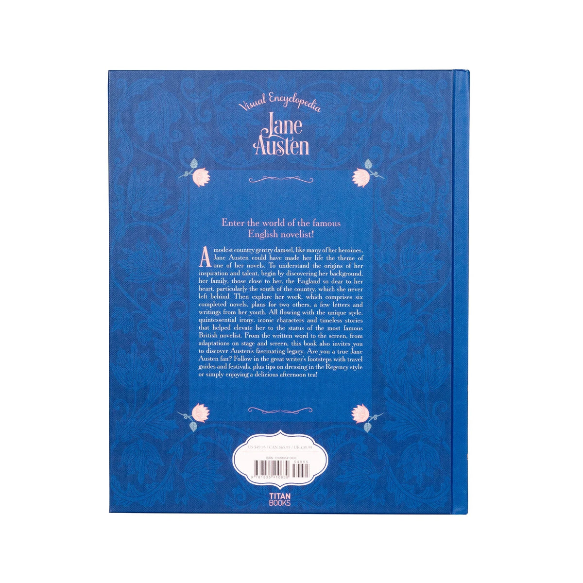 The back cover of the Visual Encyclopedia, showing the blurb in a mix of pink and white text.