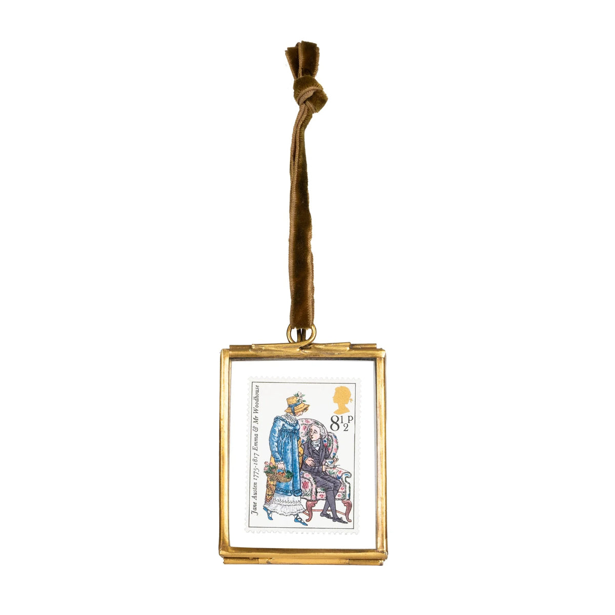 Gold-framed postage stamp with an illustration of Emma and Mr Woodhouse on a white background.