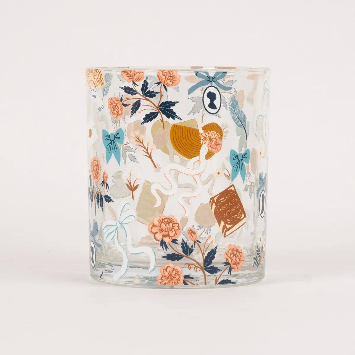 Jane Austen themed glass tumbler against a white background