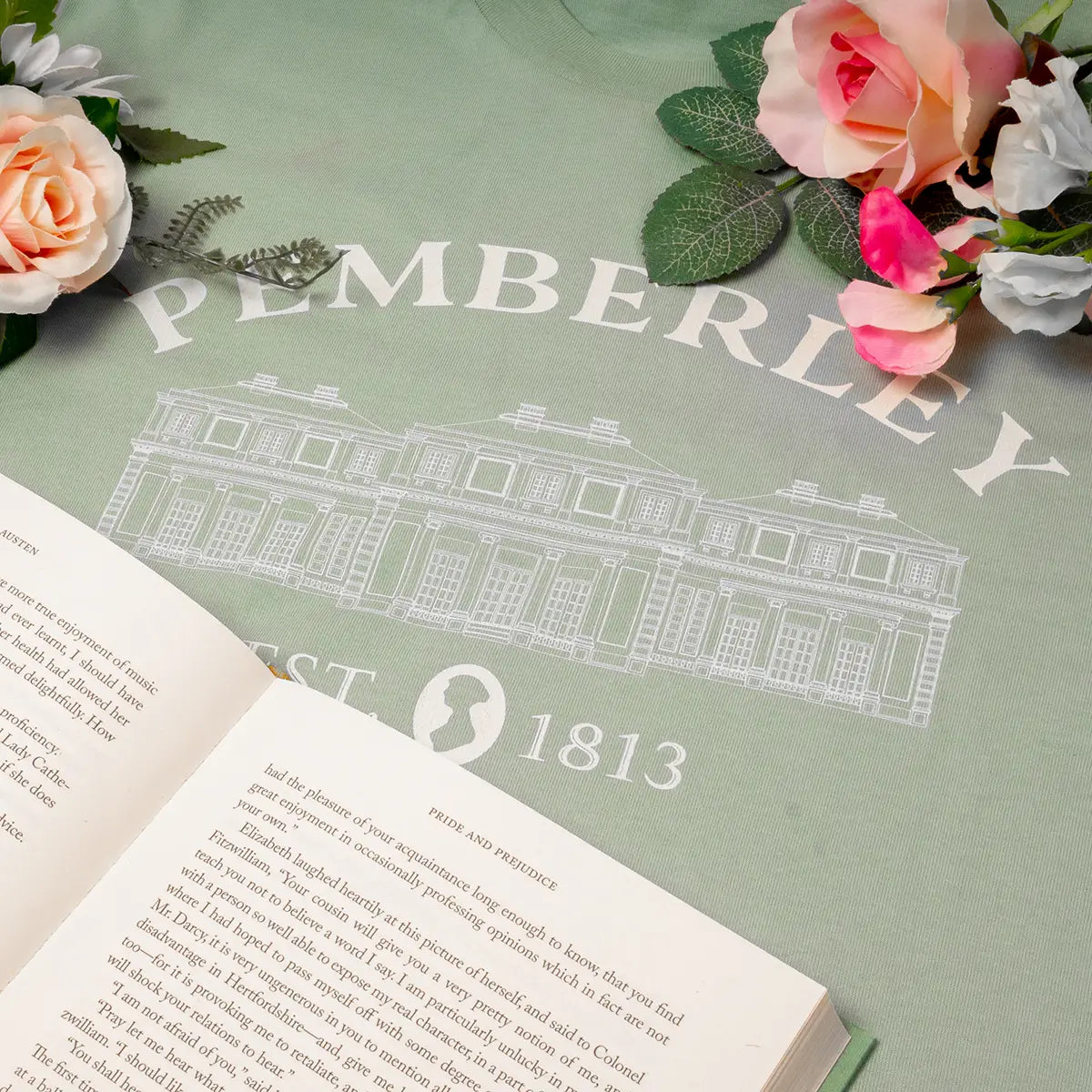 Jane Austen Pemberley T-Shirt Green with flowers and book