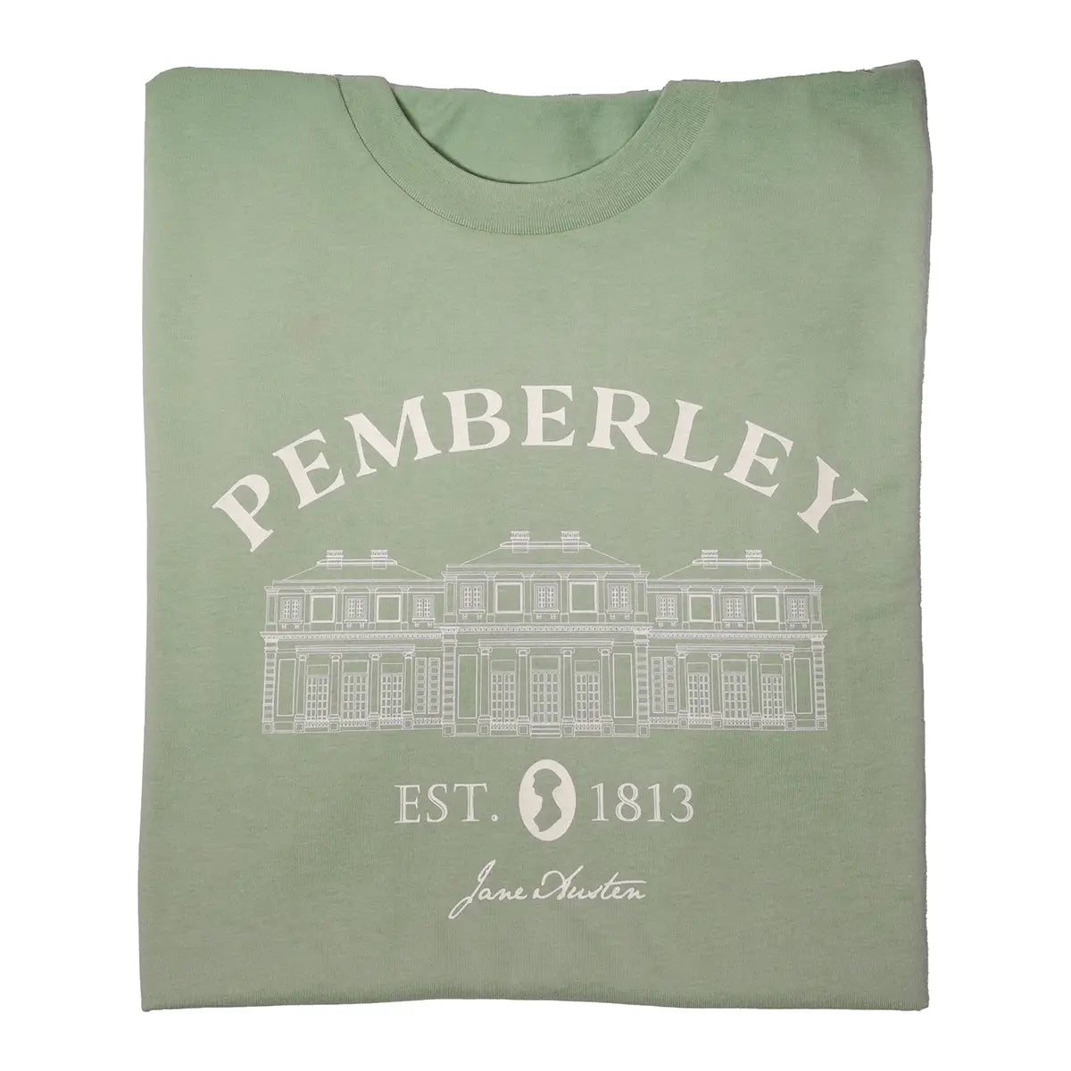 a size small Jane Austen Pemberley T-Shirt Green against a white background