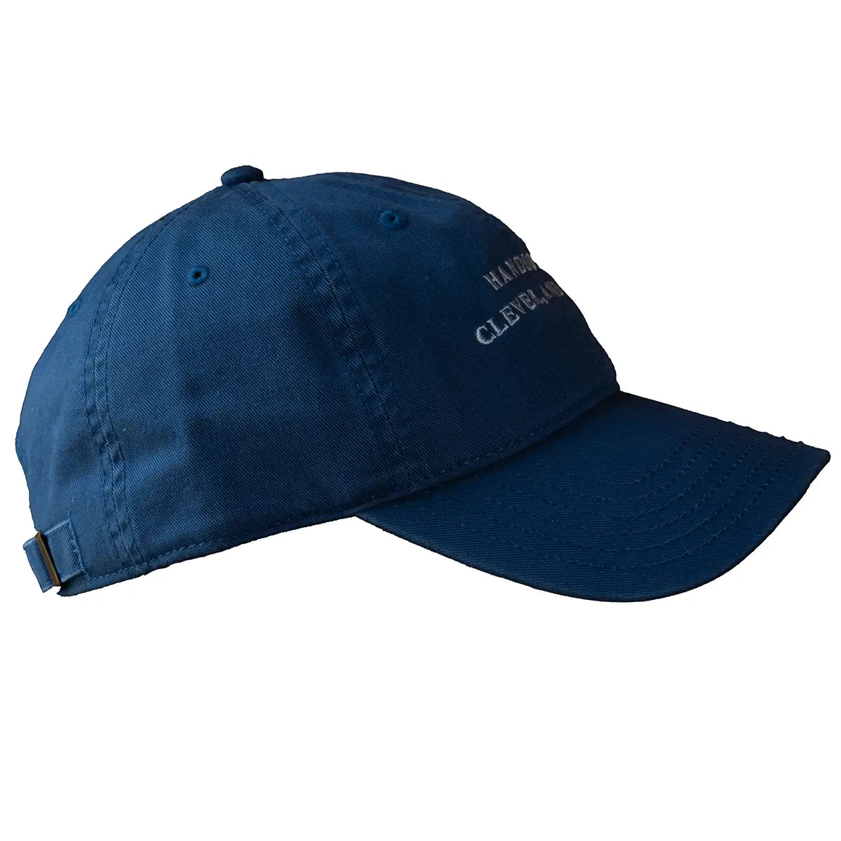 side shot of blue jane austen cap against white background