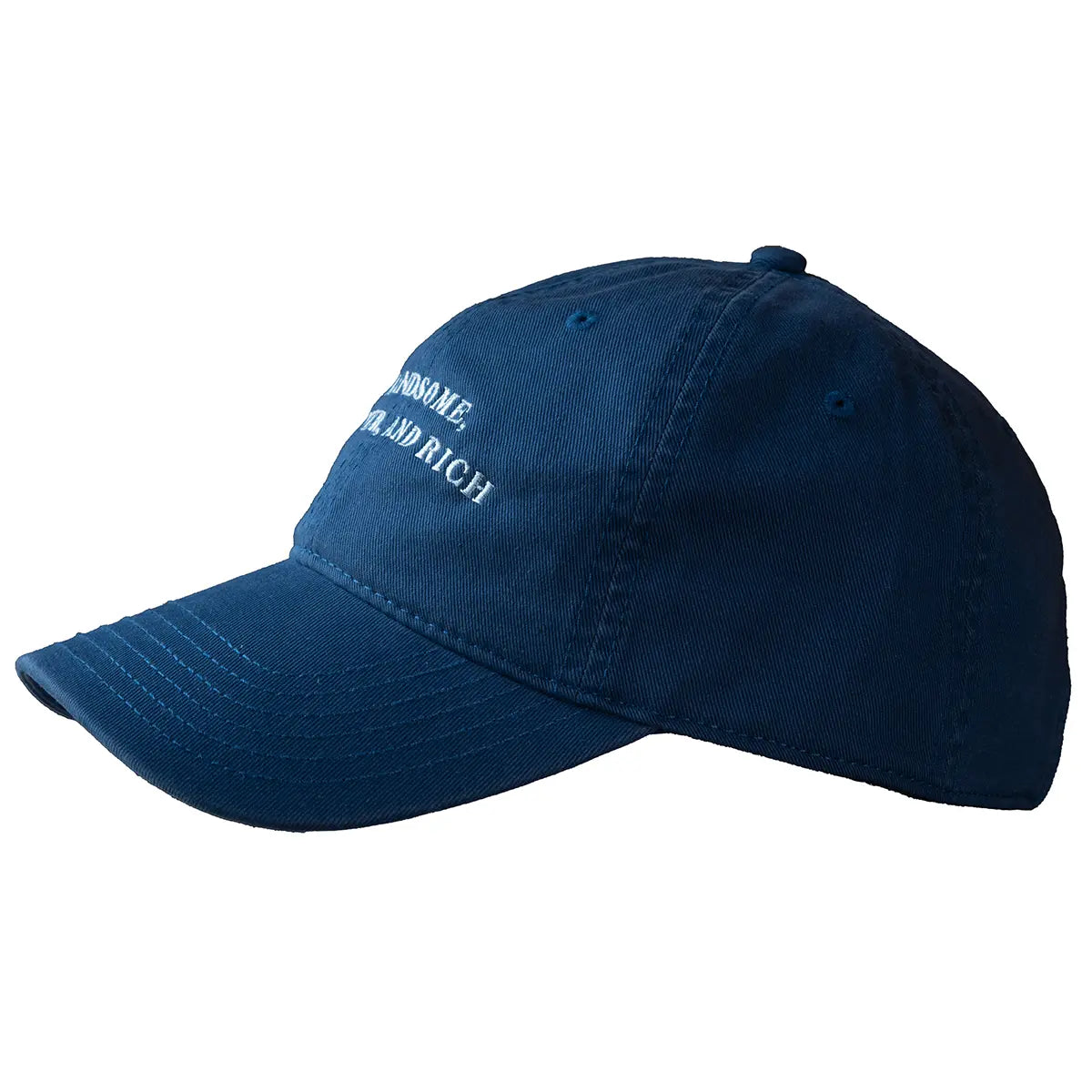 side shot of blue jane austen cap against a white background