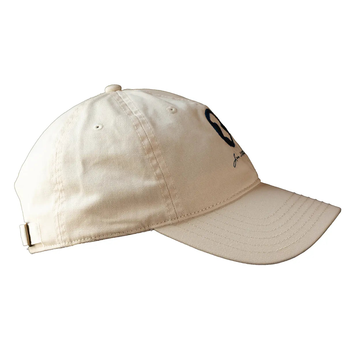 Side shot of cream Jane Austen themed baseball cap
