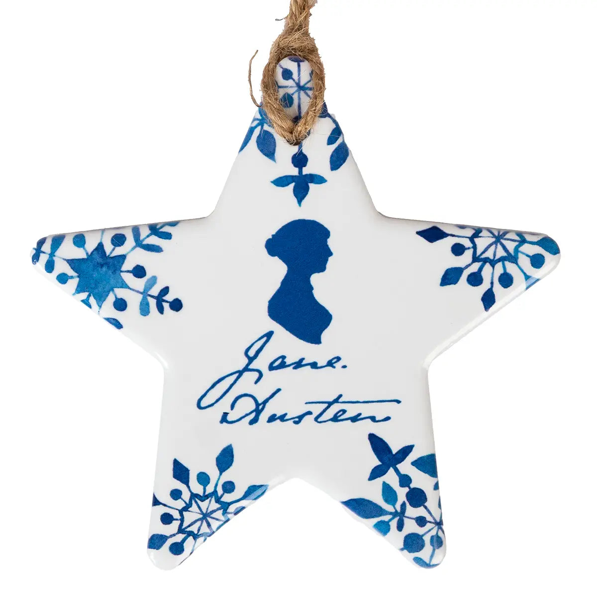 A white and blue ceramic star shaped Jane Austen themed decoration hung with string