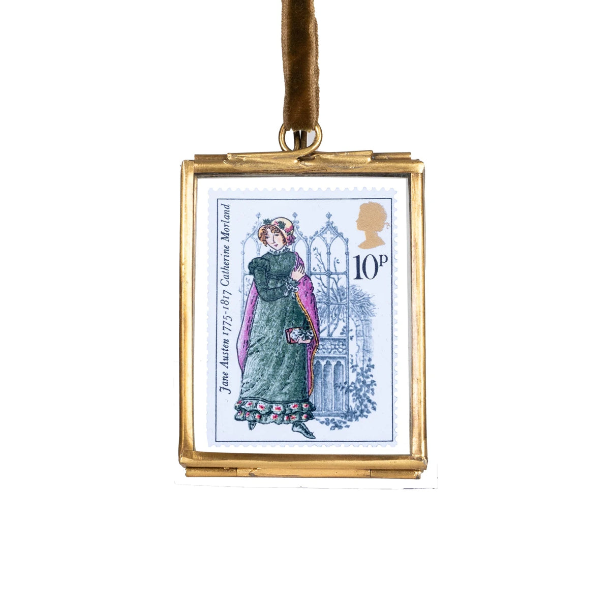 A limited edition commemorative stamp featuring Catherine Morland, mounted in a brass hanging frame with a velvet ribbon.