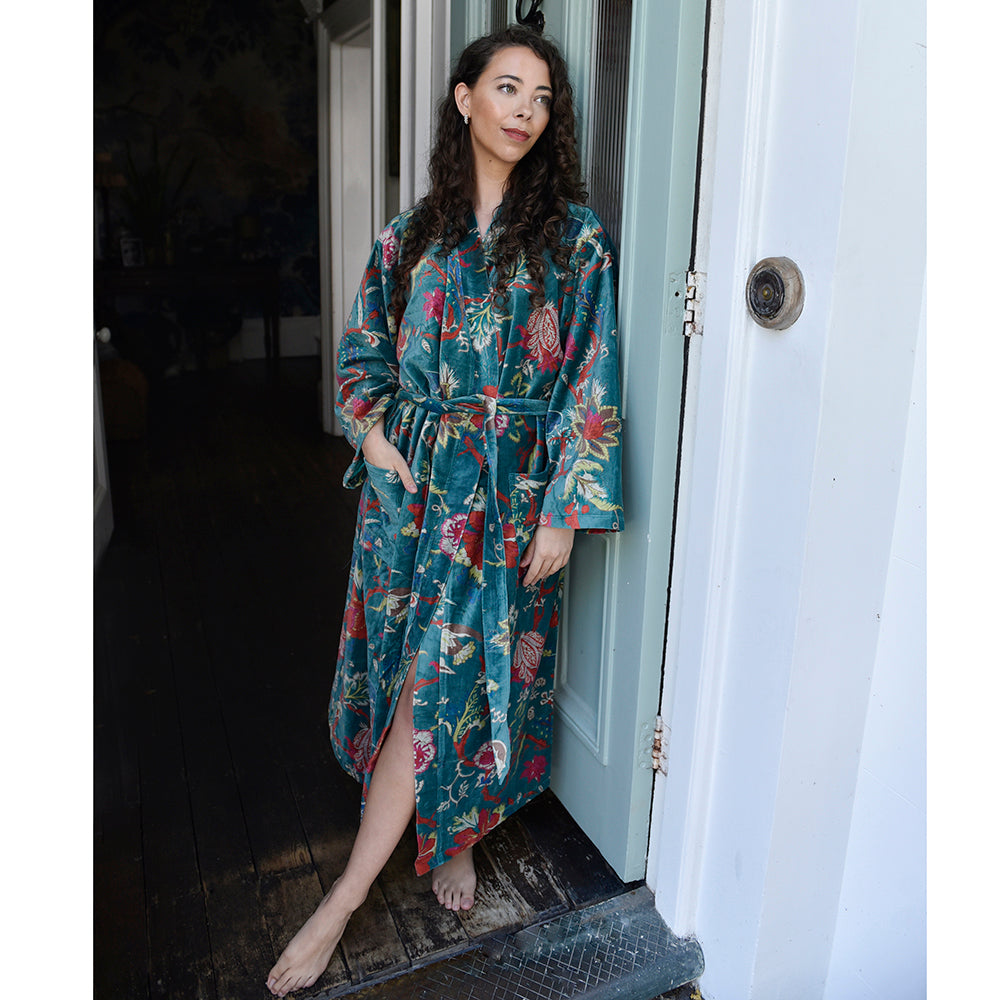 Luxurious Regency Robe with Exotic Flowers in Teal