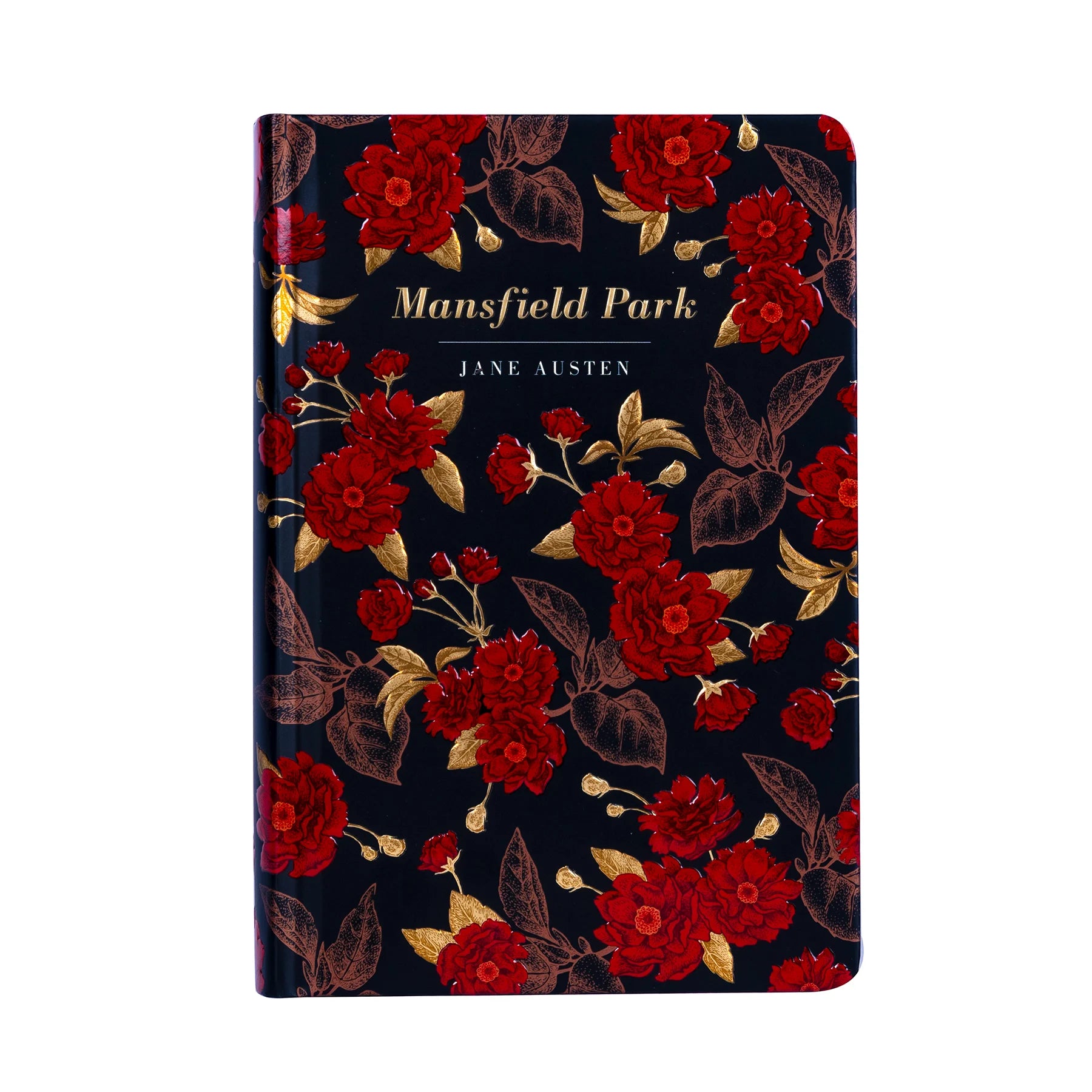 Mansfield Park Luxury Hardback Edition with a black cover, covered in scarlet red flowers and gold leaves, surrounded by more leaves of muted red.