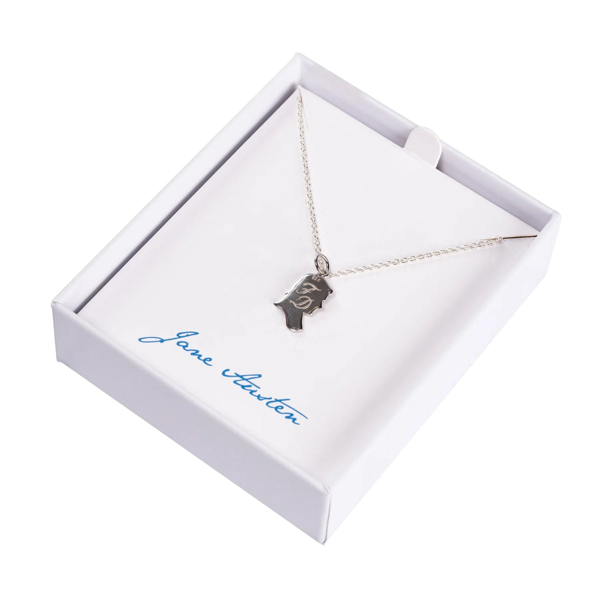 Darcy necklace in Jane Austen gift box- engraving visible.