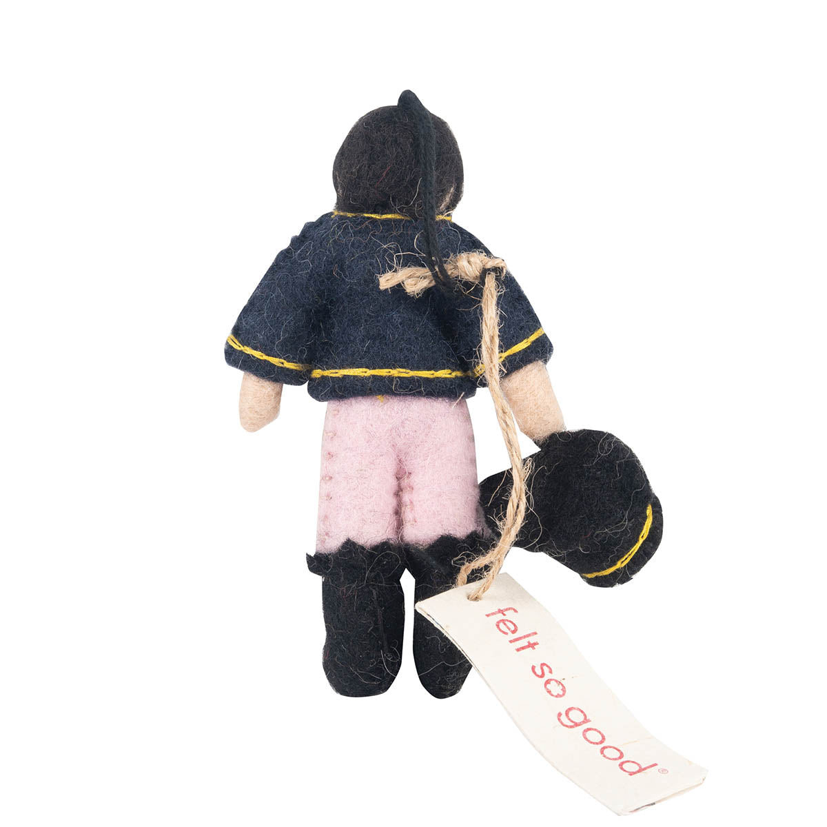 Back view. Mr Darcy Stress Doll made of felt with a label 'Felt so good' hanging from the string attached to the doll.