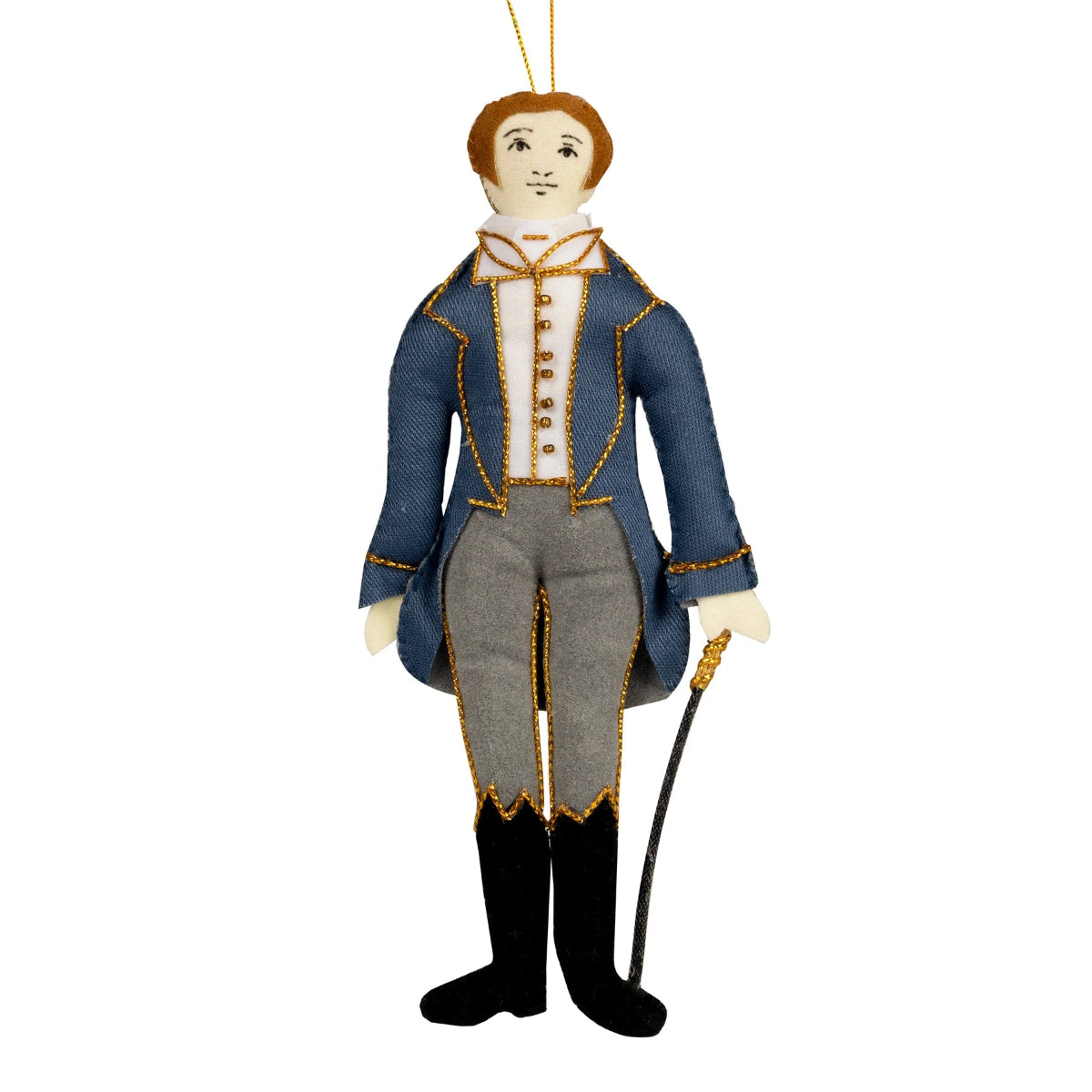 A doll decoration representing Mr. Knightley, dressed in a blue and gray suit with gold loop hanger.