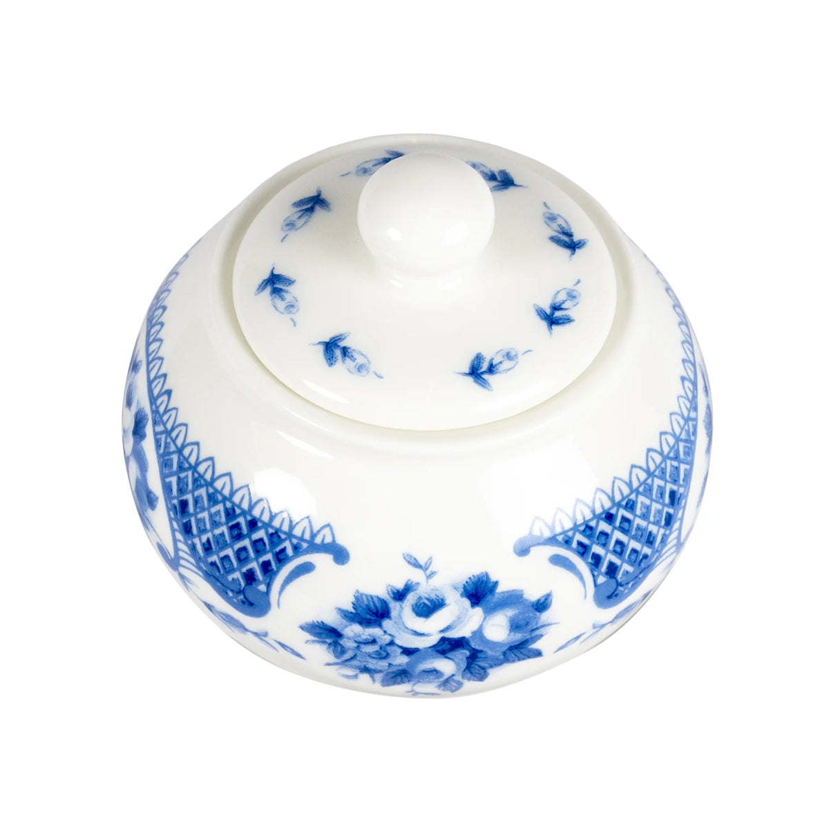 White, bone china sugar bowl with blue, floral patterns.