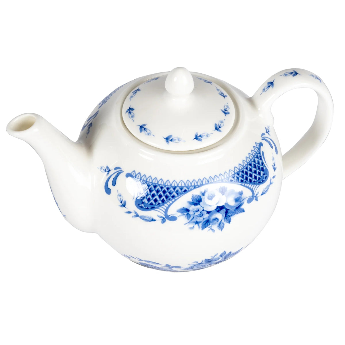 A fine bone china teapot with a blue rose design and a white handle.
