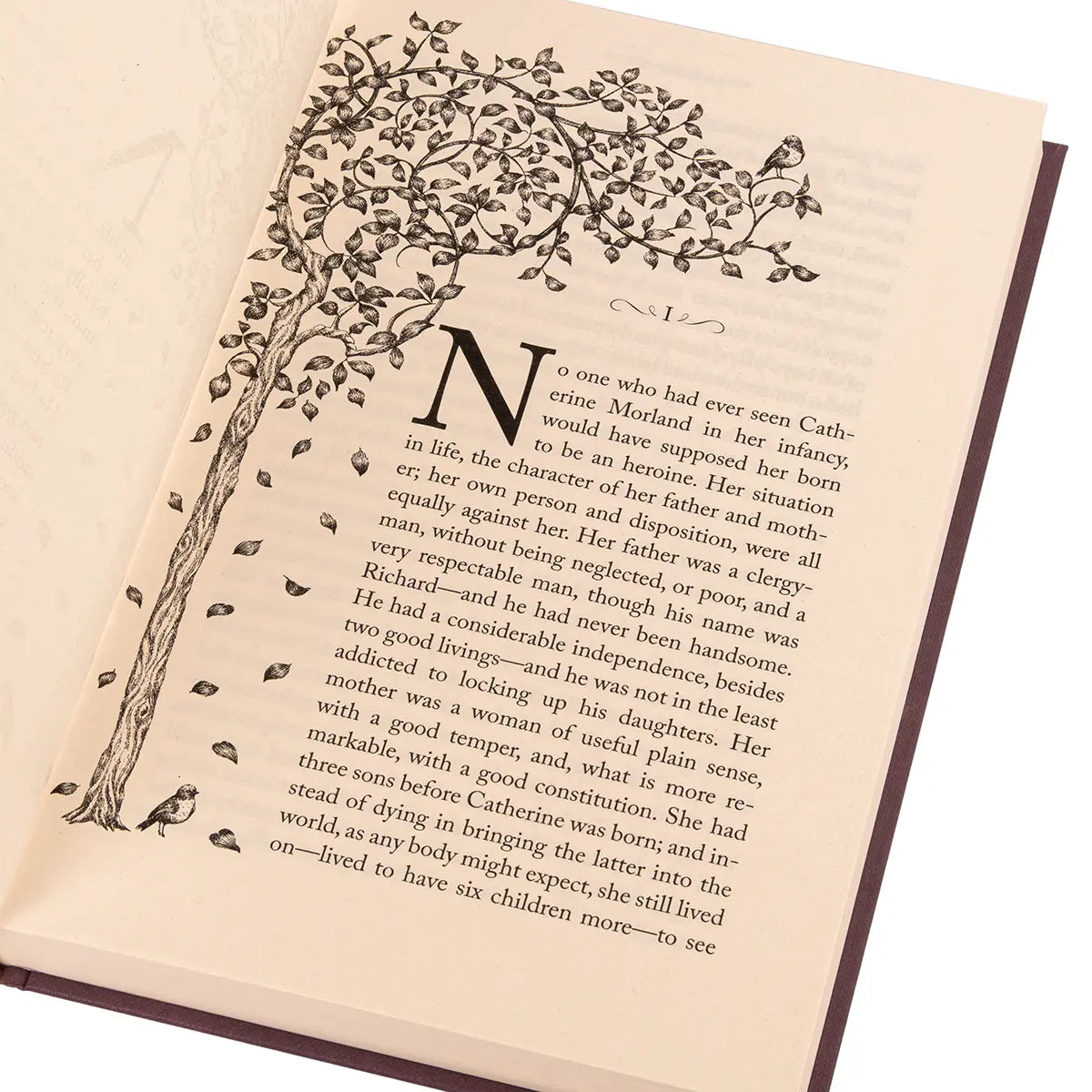 The first page of Northanger Abbey by Jane Austen, illustrated with a bird standing on a thin tree
