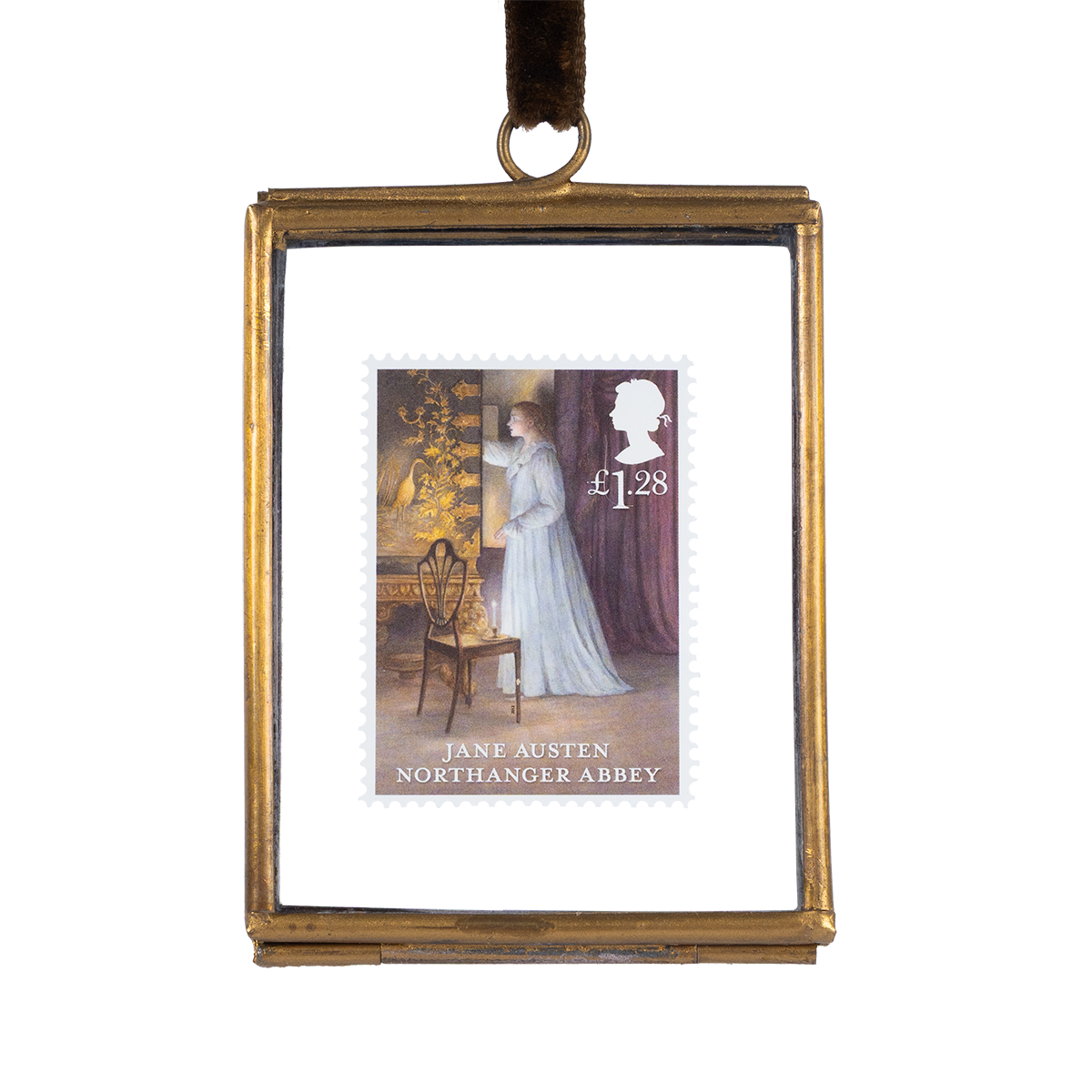 A framed limited edition commemorative stamp featuring Catherine Morland, from Jane Austen's novel Northanger Abbey