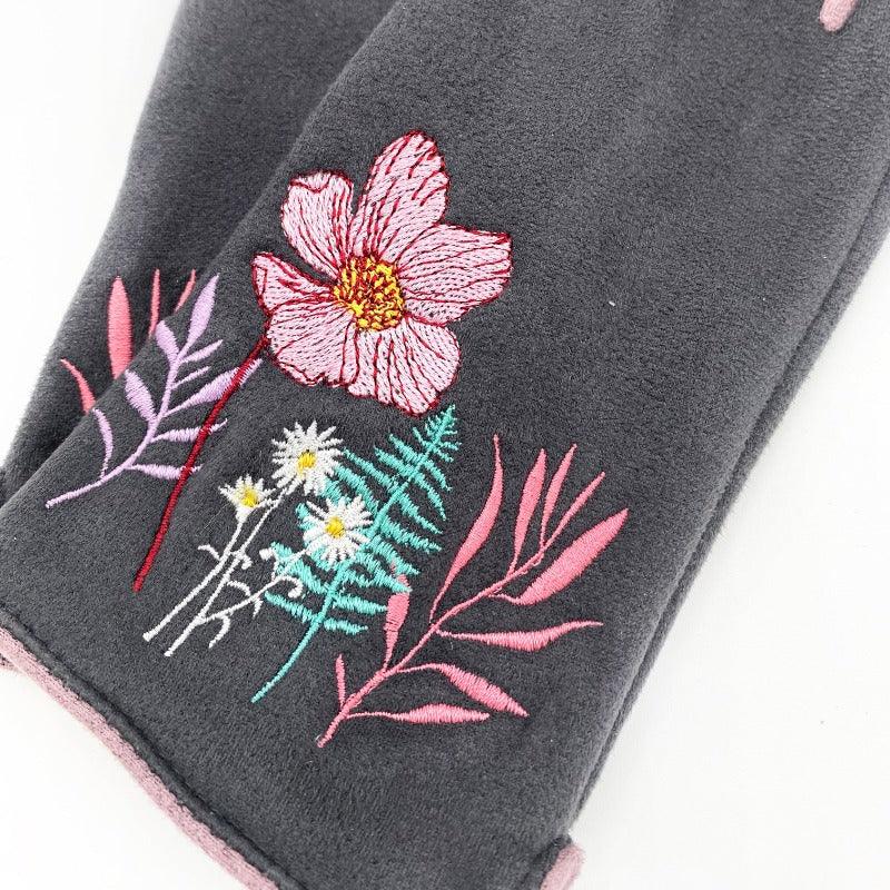 Charcoal-coloured gloves with an embroidered posy and foliage details.