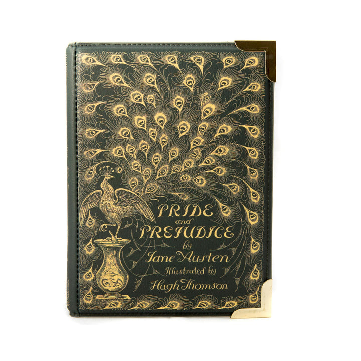 Crafted from vegan leather, our exquisite bag features a beautiful gold peacock, taken from the iconic Hugh Thompson edition of Pride and Prejudice.