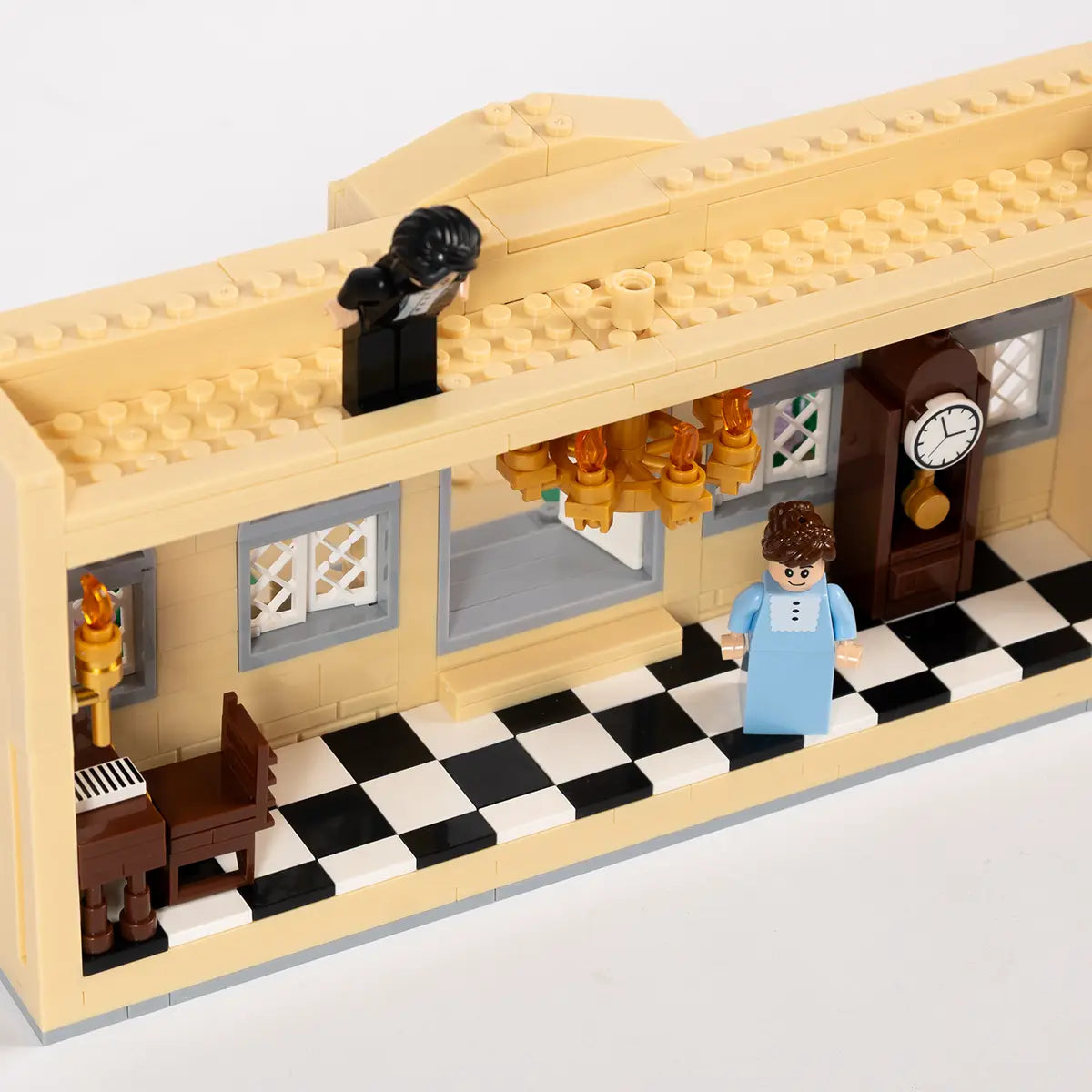 Pemberley interior fearturing Mr Darcy on the roof and Elizabeth inside, lego style, checkered floor, chandelier, etc