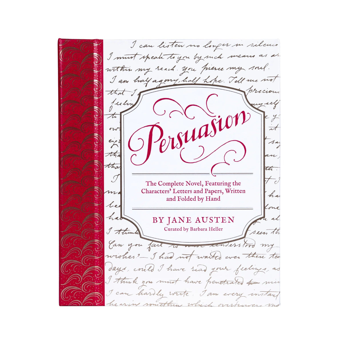 The cover of the Persuasion Deluxe Edition book featuring a red and white design with text.