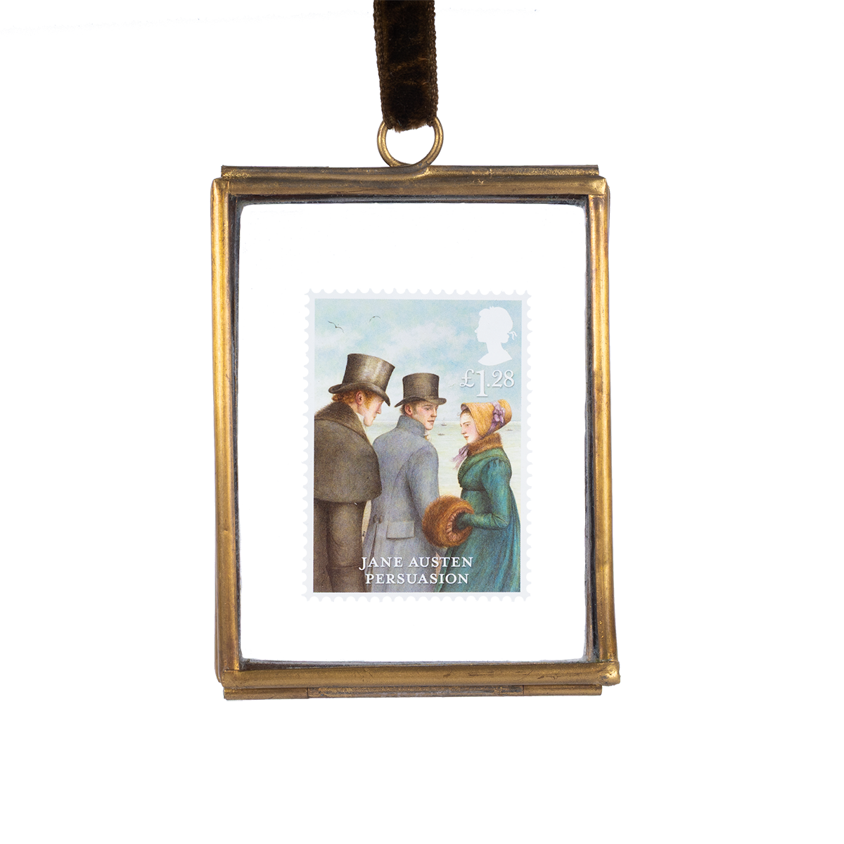 A framed limited edition commemorative stamp featuring Anne Elliot and Captain Wentworth from Jane Austen's novel Persuasion