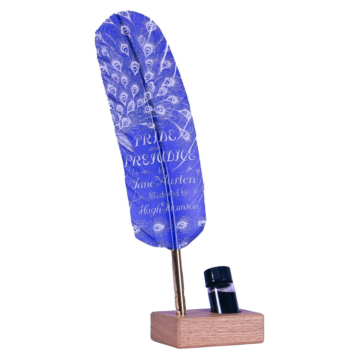 A blue feather quill with gold gilded nib, printed with text, mounted on a wooden stand, with a small bottle of ink beside it.