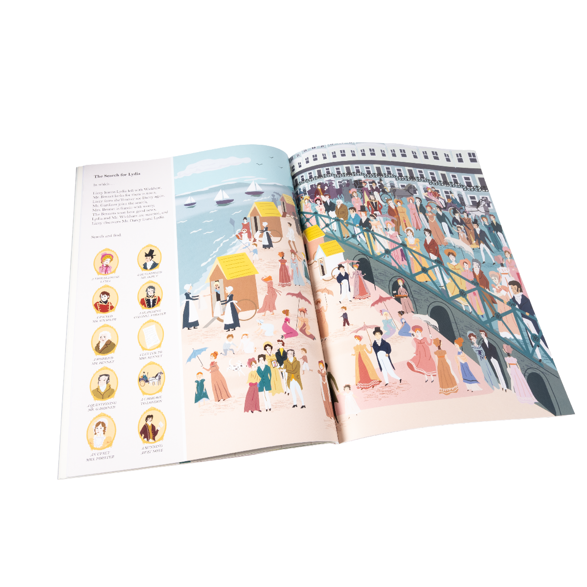 Open book with illustrated pages on a white background