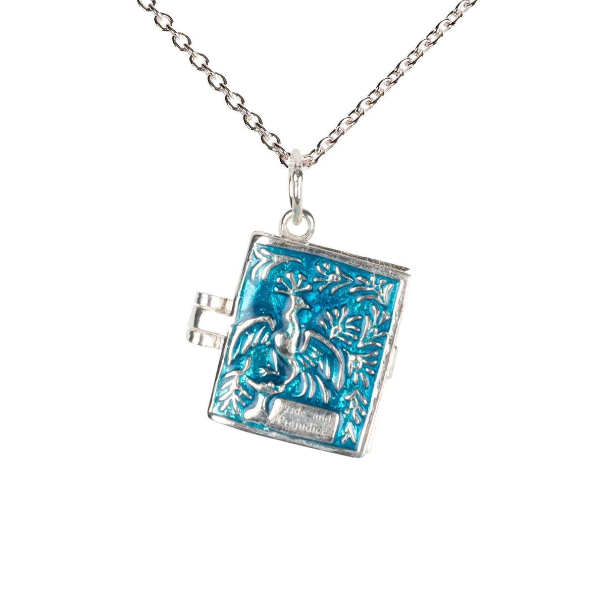 A silver and turquoise enamel book charm locket necklace with a chain.