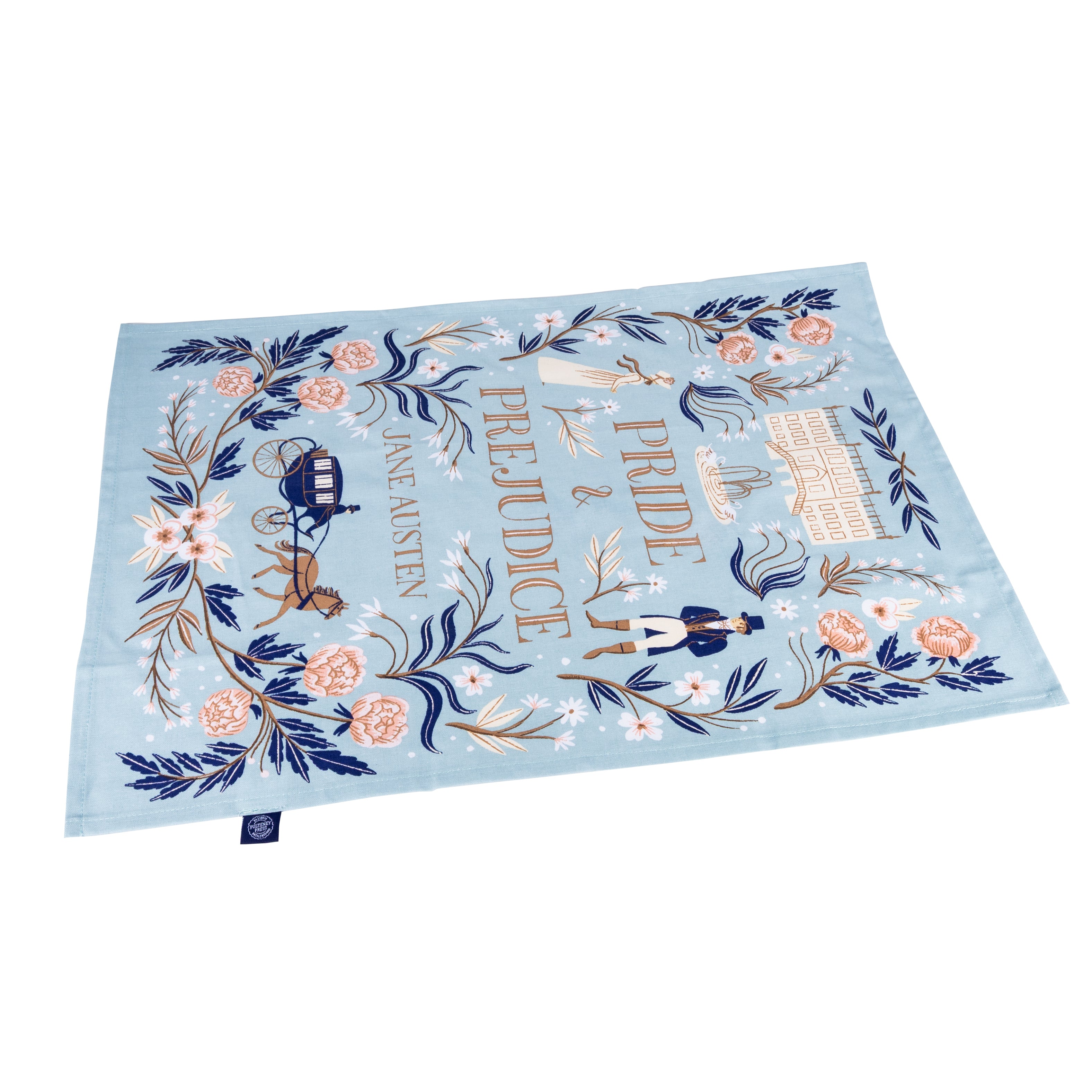 Tea towel decorated with 'Pride and Prejudice' and 'Jane Austen', surrounded by Pemberley, floral decorations and Regency illustrations.