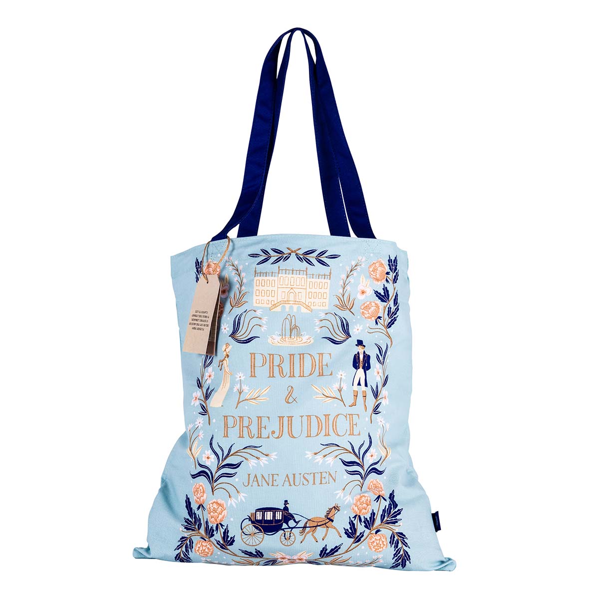 Pride and Prejudice Tote Bag with duck egg blue base colour and decorative Regency design.
