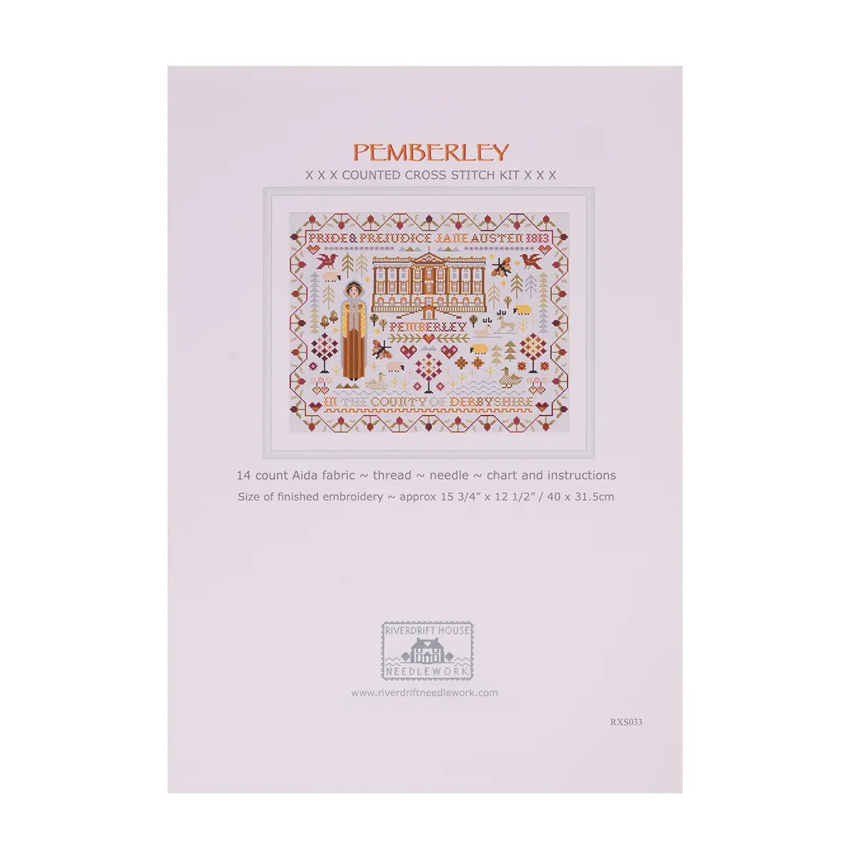 The front of the Pemberley cross stitch kit packaging against a white background
