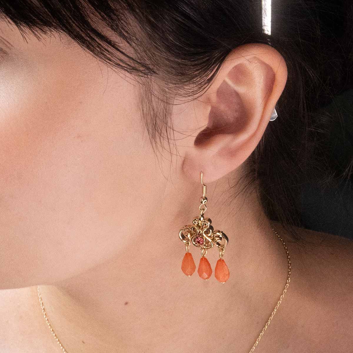 Catherine Morland in the Jane Austen Centre modelling the Regency Coral Earrings.