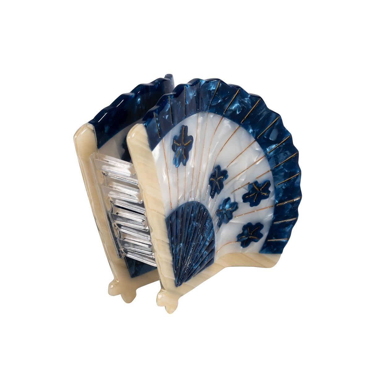 Hair Claw Clip in Blue blossom design. Styled as a fan