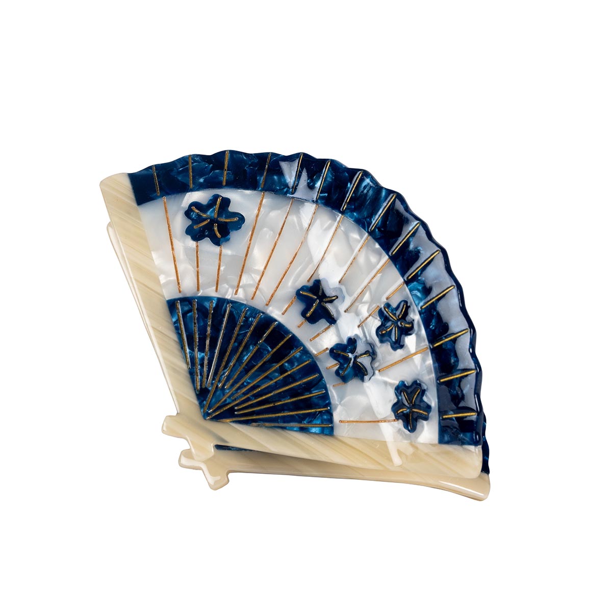 Hair Claw Clip in Blue blossom design.Styled as a fan