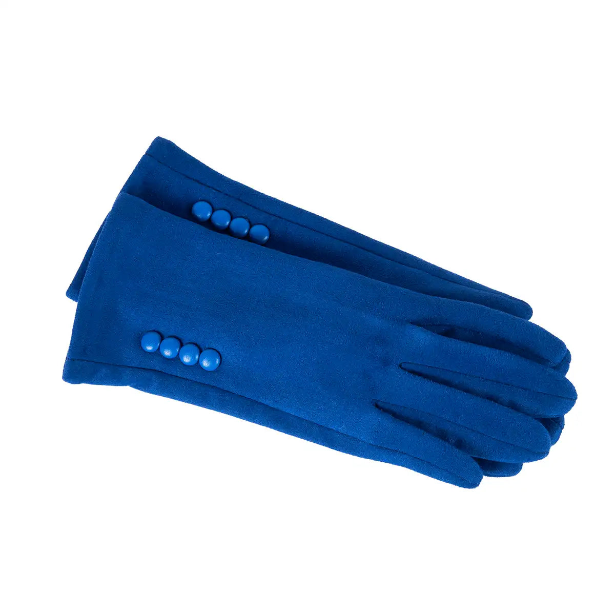 Pair of blue gloves with four buttons of the same colour on a white background