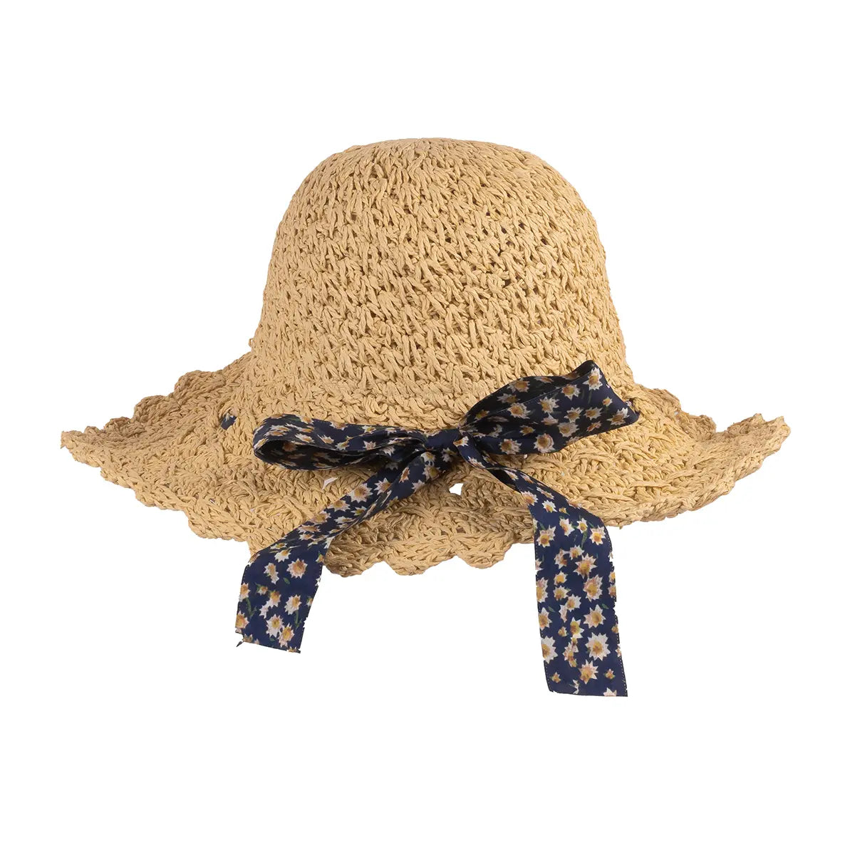 behind shot of crocheted bonnet with bow against white background