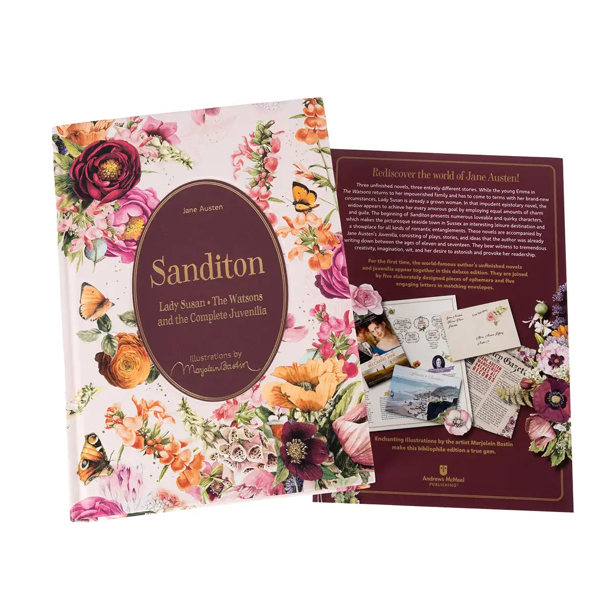 Floral-themed book with 'Sanditon' by Jane Austen and related materials on a white background