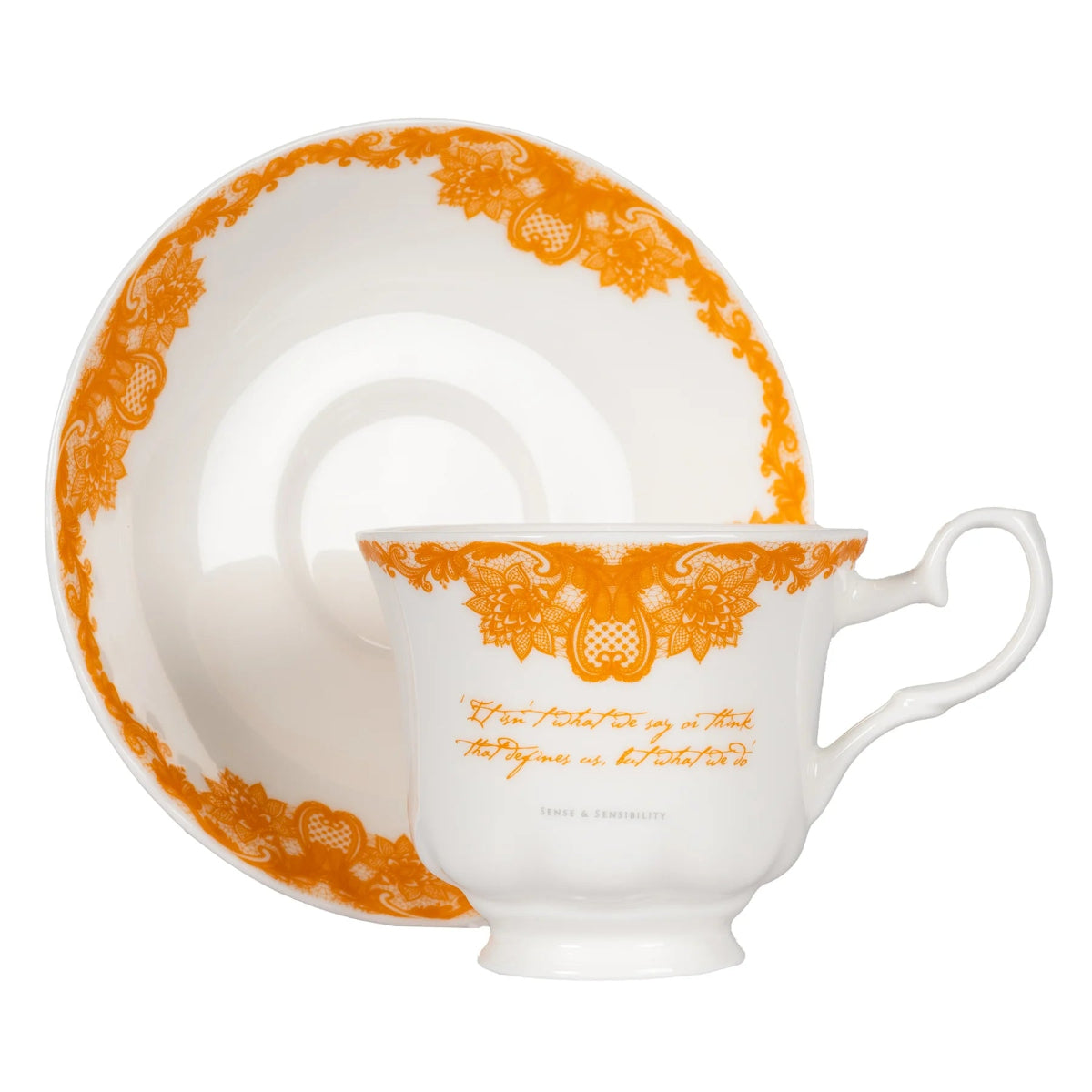 white bone china teacup with orange decoration and a quote from sense and sensibility