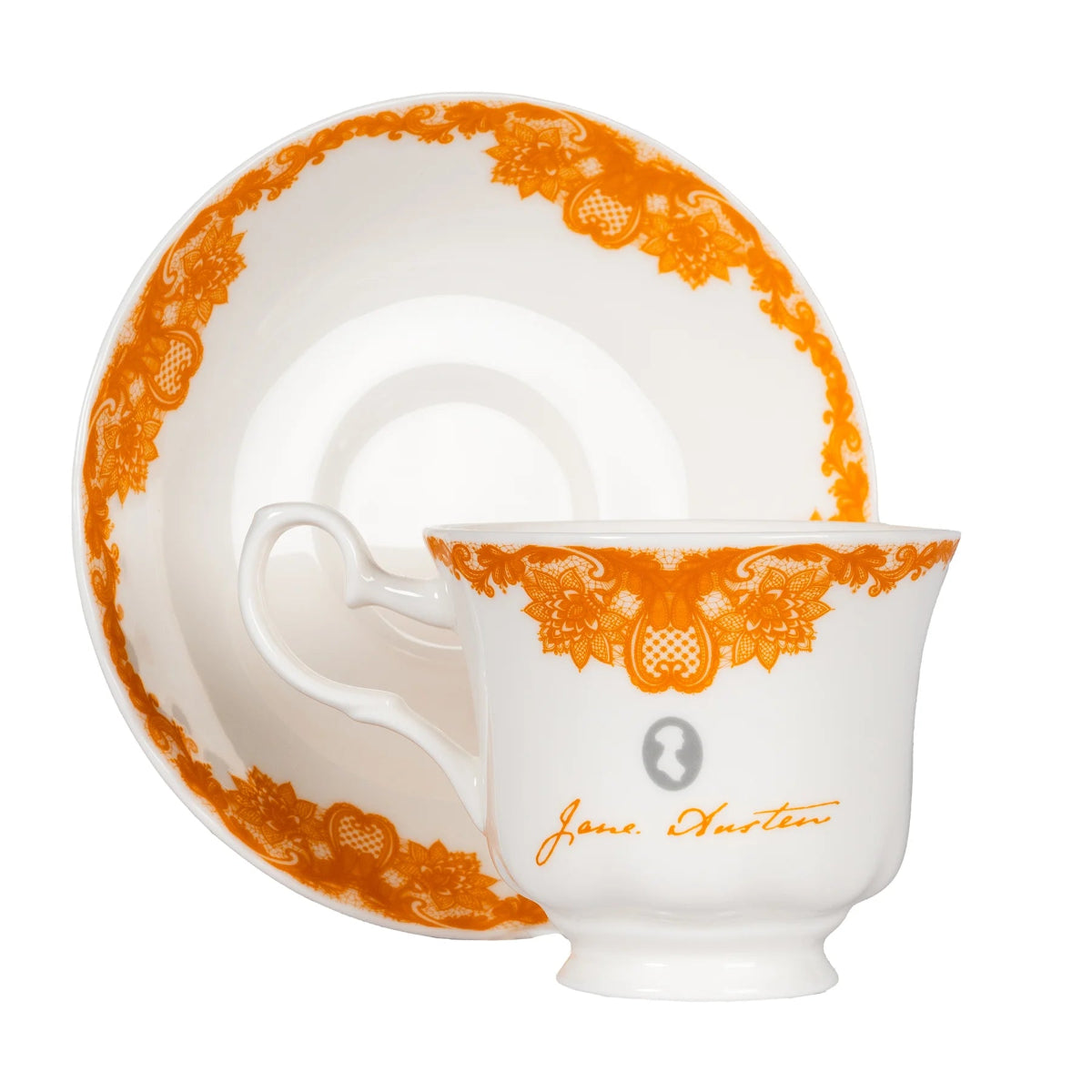 White bone china teacup with orange decoration