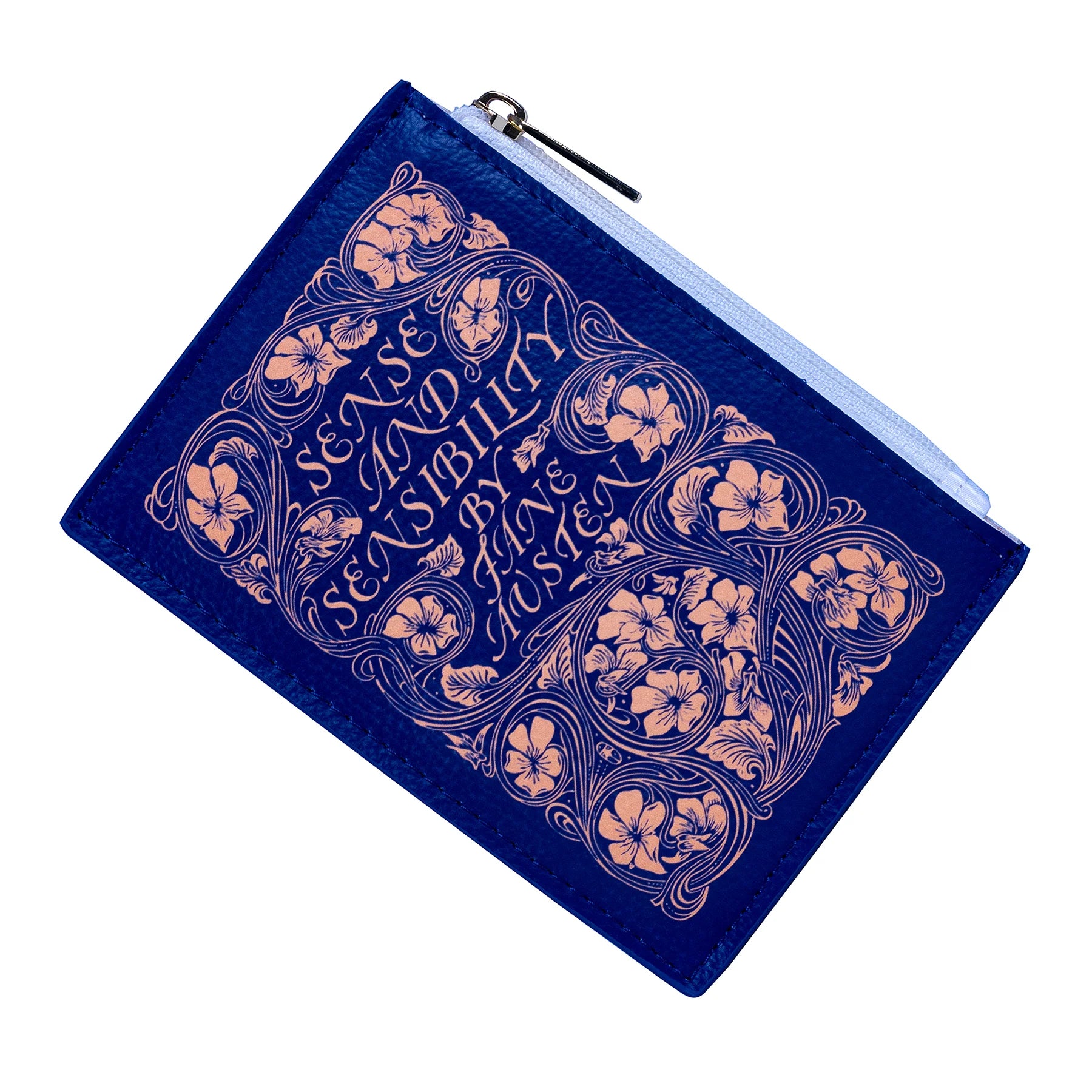 A blue coin purse with gold floral designs and text, representing the cover of the book 'Sense and Sensibility'.