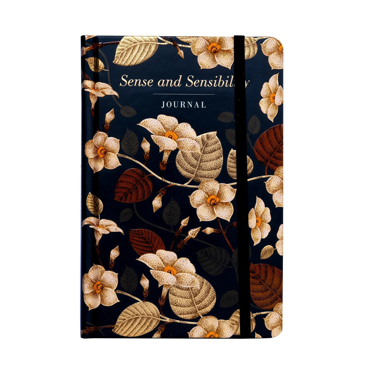 A black reading journal with a floral design on the cover, titled 'Sense and Sensibility Journal'.