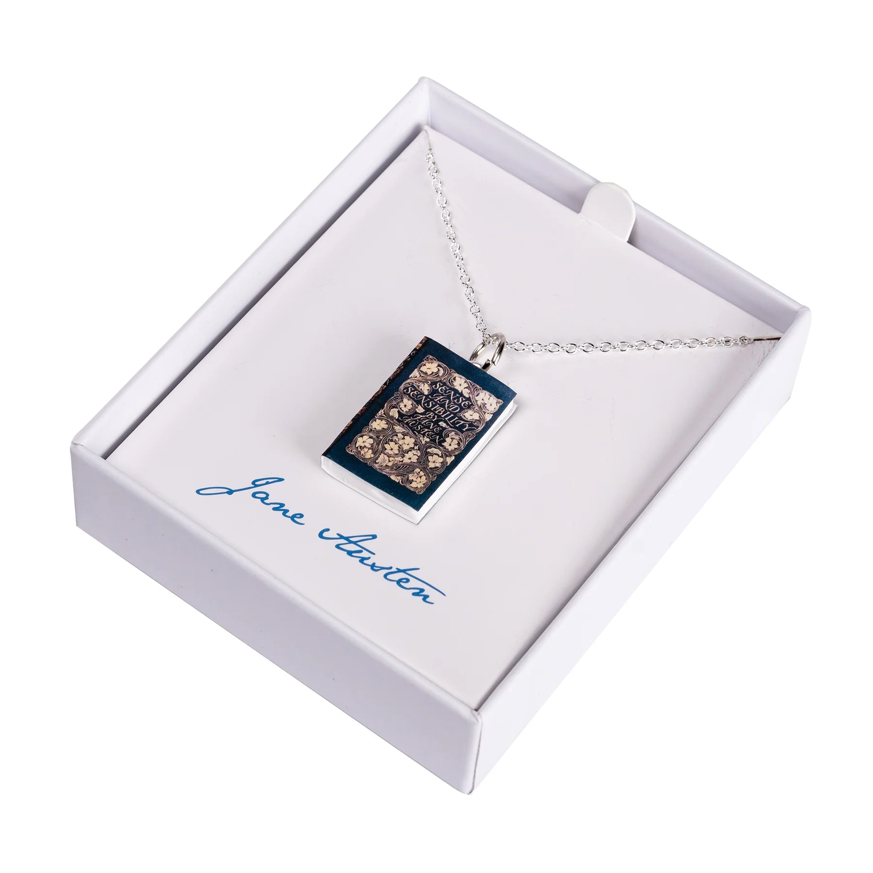 Sense & Sensibility Book Cover Necklace in a white box