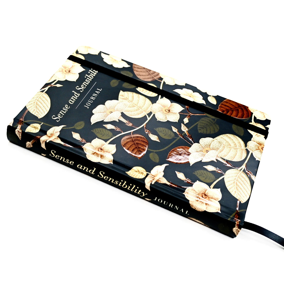 A black reading journal with a floral design on the cover, titled 'Sense and Sensibility Journal'.